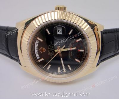 Rolex Day-Date Watch and Black Face Gold Beael Black Leather Strap 1