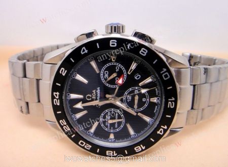 Omega Seamaster GMT Chronograph SS Black Face Best Omega Watches Replica For Sale 1