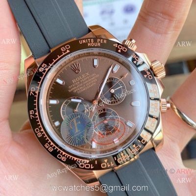 Copy Rolex Daytona 43mm Watch Rose Gold Chocolate Dial Rubber Strap 1