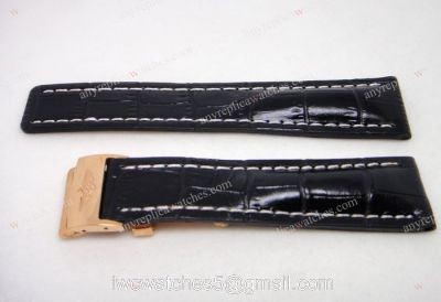 24mm Breitling Replica Watch Bands / Black Real Leather Rose Gold Clasp 1