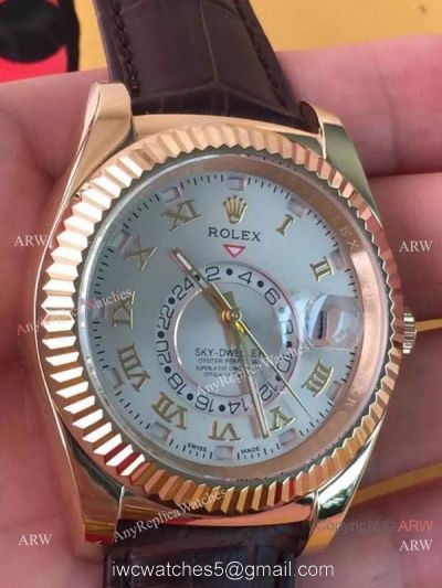 Replica Rolex Sky-Dweller Rose Gold Brown Leather Watch at Discount Price 1