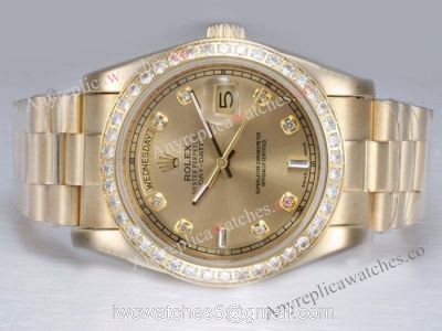 Copy Rolex Gold DayDate Watch Diamond Bezel Gold Face 1