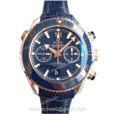 (OM)New Copy Swiss Omega Seamaster 9900 Watch Rose Gold Blue Leather 1
