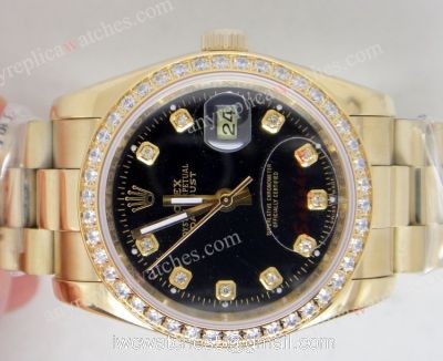 Rolex Datejust Replica Watch Gold Presidential Band Diamond Bezel Black Face 1