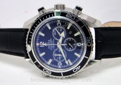 Replica Omega Watch: Omega Seamaster Knockoff Co-Axial Black Chronograph Leather Strap 1