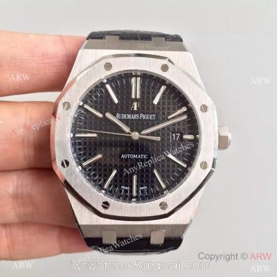 Replica JF Audemars Piguet Royal Oak Ss Black Leather Bracelet AAA Grade Replica Watches Sale 1