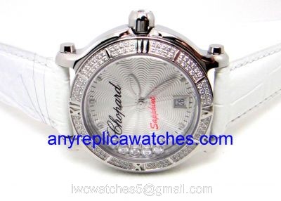 Swiss Quality Happy Sport Chopard Ladies Watch / White Leather / Diamond Watch 1