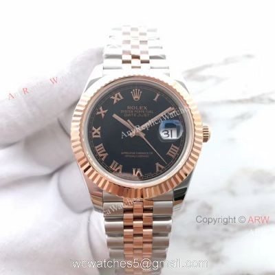 (EW) Replica Rolex Datejust II ETA3255 Watch 2 Tone Rose Gold Rolex Black Roman Dial 1