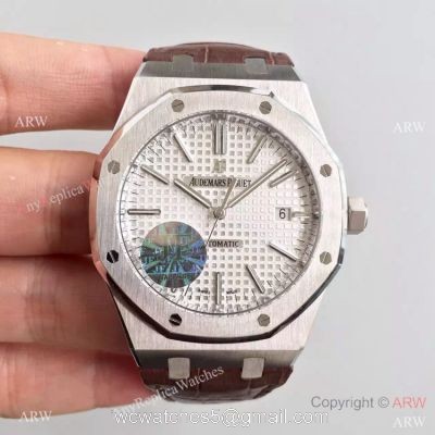 JF Factory Swiss Audemars Piguet Replica Watch Silver Face Brown Leather Band 1