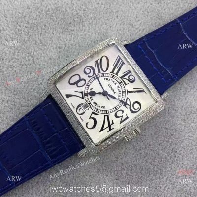 Replica Franck Muller Master Square SS Diamond Bezel Watch Blue Strap 1