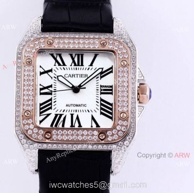 Iced Out Cartier Santos Automatic Watch Replica Two Tone Rose Gold 1