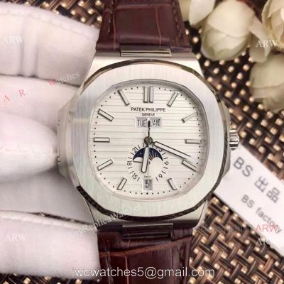 New Patek Philippe Nautilus White Face Annual Calendar Watch Brown Leather Strap 1