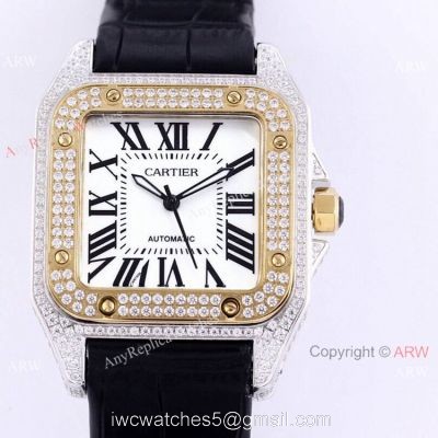 Iced Out Cartier Santos Watch Two Tone Case Automatic Movement 1