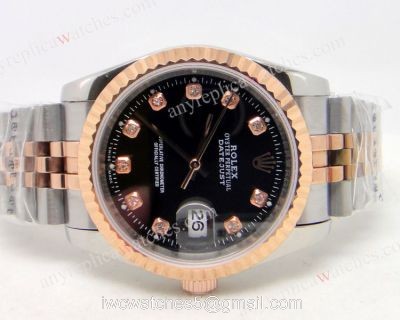 Rolex Datejust Black Dial Two tone Rose Gold Diamond Replica Watch 1