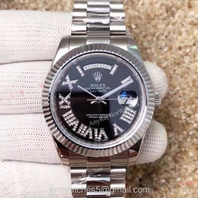 High Quality Copy Rolex Day-Date 40MM Watch MingZhu Movement SS Black Diamond Roman Face 1
