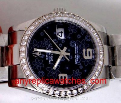 Rolex Datejust Watch SS Oyster Black Flower Face Diamond Bezel 1