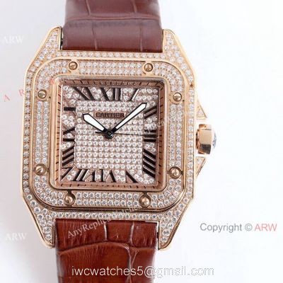 Iced Out Cartier Santos Diamond Watch Automatic Brown Leather Strap 1