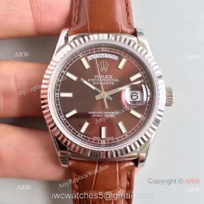 Swiss Coipy Rolex Day Date Oyster Watch Brown Dial Brown Leather Replica 1