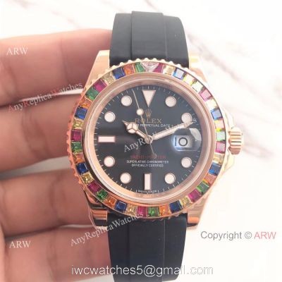 High Quality Rolex YachtMaster Rose Gold Replica Watch Multicolor Gem 1