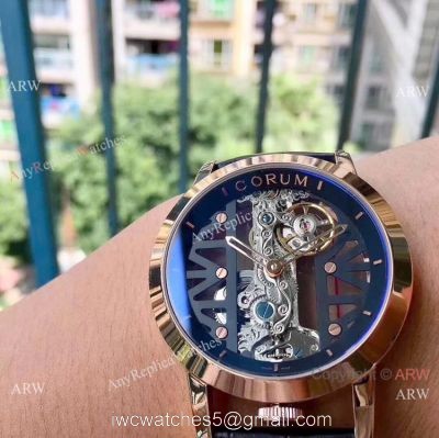 Corum Skeleton Golden Bridge Rose Gold Black Leather Strap Watch 1
