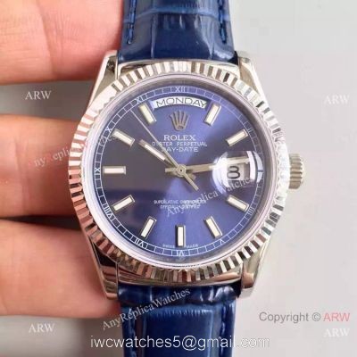 Swiss Copy Rolex SS Day Date Oyster Watch Blue Dial Blue Leather Replica 1