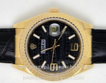 Rolex Replica Datejust Watch GOLD w/ Black Wave Face Black Leather Band 1