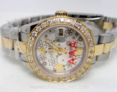 Replica Rolex Diamond Bezel Datejust 2-Tone Silver Flower Ladies Watch 1