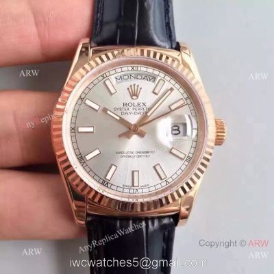 Swiss Copy Rolex Rose Gold Day Date Watch Silver Dial Black Leather Replica 1