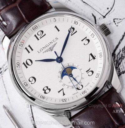 Swiss Grade 1 Longines Master Moon Phase Watch Brown Leather Strap 1