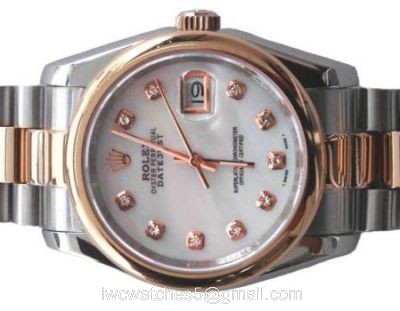 Rolex Datejust Watch Replica: 2-Tone Rose Gold MOP Face Round Bezel Mens Watch 1