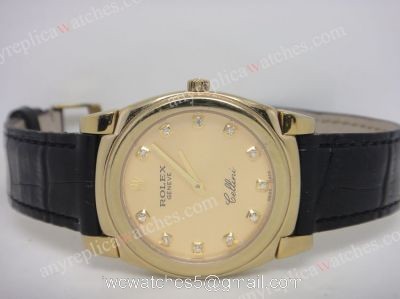 Top Quality Rolex Cellini Watch Gold Face Black Leather 1