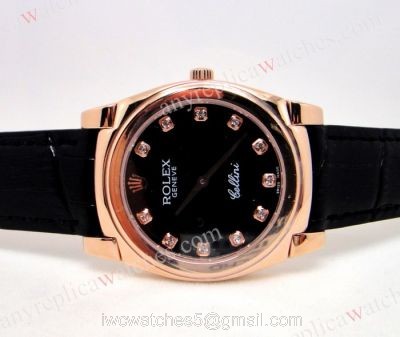 Rolex Cellini Rose Gold Black Diamond Markers Black Leather Japan Grade 1