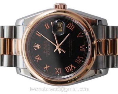Rolex 2-Tone Rose Gold Black Roman Round Bezel Datejust Genuine Watch 1