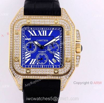 Iced Out Cartier Santos VK Chronograph Watch Blue Dial 45mm 1