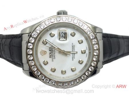 Rolex White MOP Face Diamond Bezel Black Leather Band Watch 1