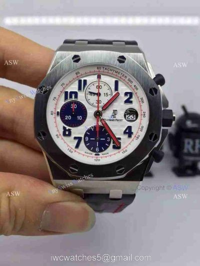 Swiss Audemars Piguet White &038; Blue Chronograph Black Leather Watch 1