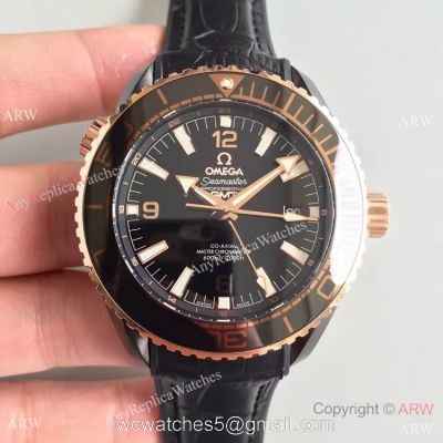 Swiss Replica Omega Seamaster Planet Ocean Deep Black GMT Ceramic Rose Gold Watch 1