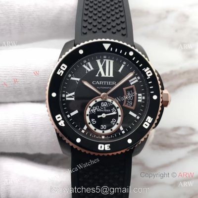 Swiss Fake Calibre De Cartier Diver watch Black PVD Case Rose Gold Fluted Bezel 1