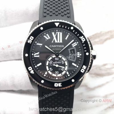 Swiss Replica Calibre De Cartier Diver Black PVD Watch Silver Fluted Bezel 1