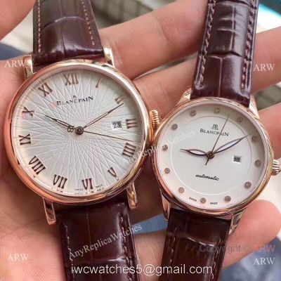 Copy Blancpain Lovers Watch Rose Gold Brown Leather Strap 1