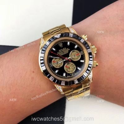 New Style Replica Rolex Daytona Rainbow Watch All Gold Diamond Bezel 1
