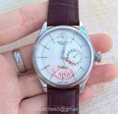 Rolex Geneve Cellini Date Watch Replica Stainless Steel White Face Brown Leather Strap 1