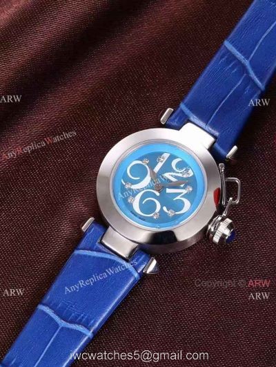Best AAA Cartier Pasha Copy Watch SS Blue Dial Blue Leather 28mm 1