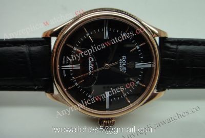 Rolex Geneve Cellini Time Watch Replica Rose Gold Black Face Black Leather 1