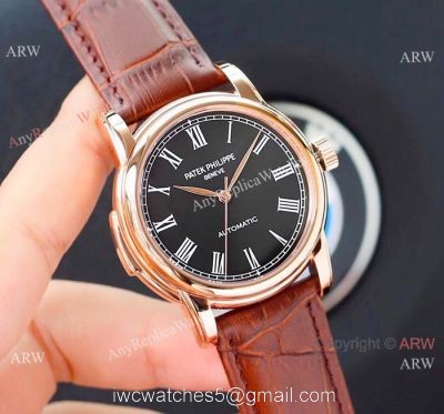 Clone Patek Philippe Calatrava Rose Gold Black Roman watch Simple Style 1