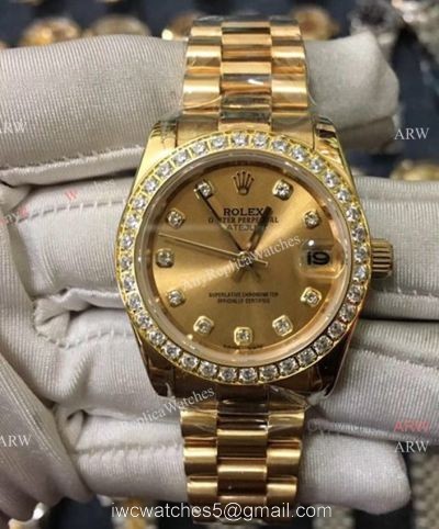 Replica Swiss Eta2824 ROLEX Datejust Yellow Gold Diamond Ladies Watch 1