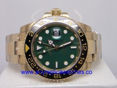 Replica Yellow Gold Rolex GMT-MASTER II Watch SS Green Face 1