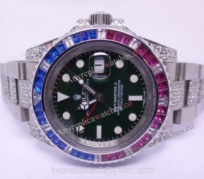 New Swiss Grade Replica Rolex GMT Master II Black Dial Blue &038; Red Squre Diamond Watch 1