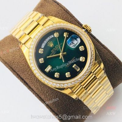 (EWF )Swiss 3255 Rolex Oyster Perpetual Day Date Fake Watch Yellow Gold Green Dial 1