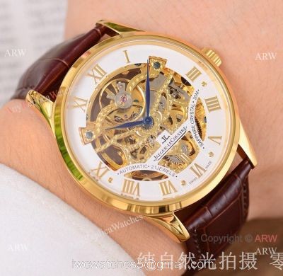 Jaeger-LeCoultre Yellow Gold Skeleton Copy Watch Brown Leather Strap 1